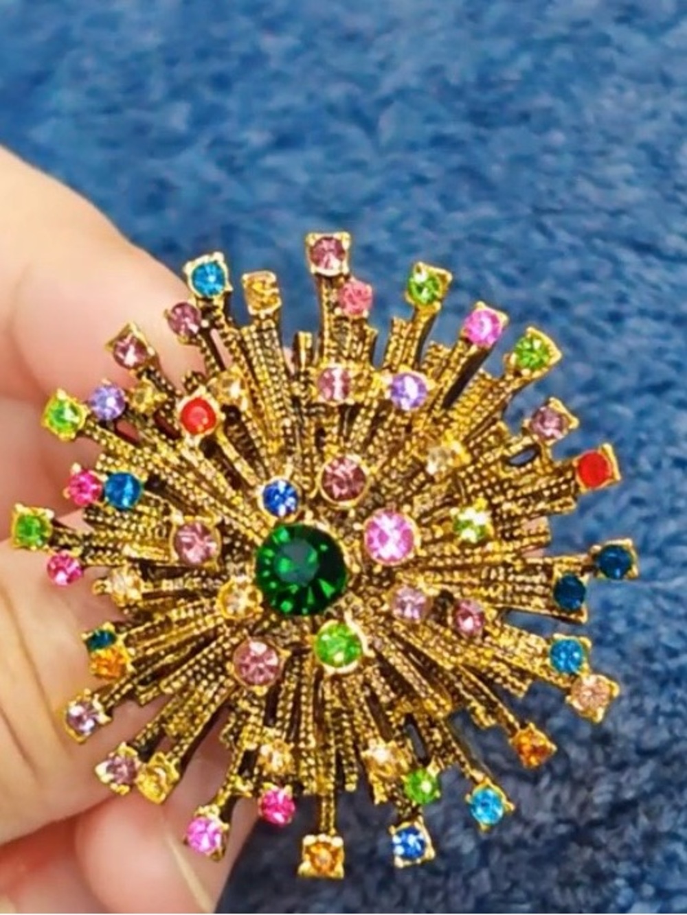 Gold-Tone Multi-Colored Crystal Burst Brooch - Vintage Style - Picture 6 of 8